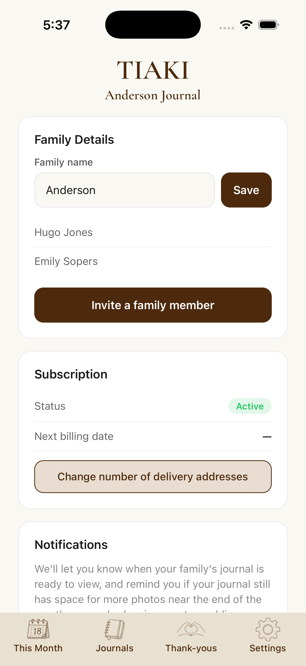 Tiaki app settings screen